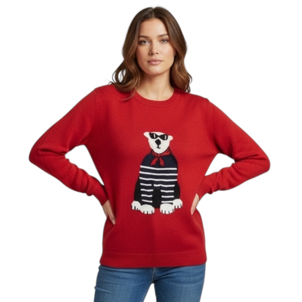 Tommy Hilfiger Women’s Medium Red Polar Bear Sweater Sunglasses Striped Knit